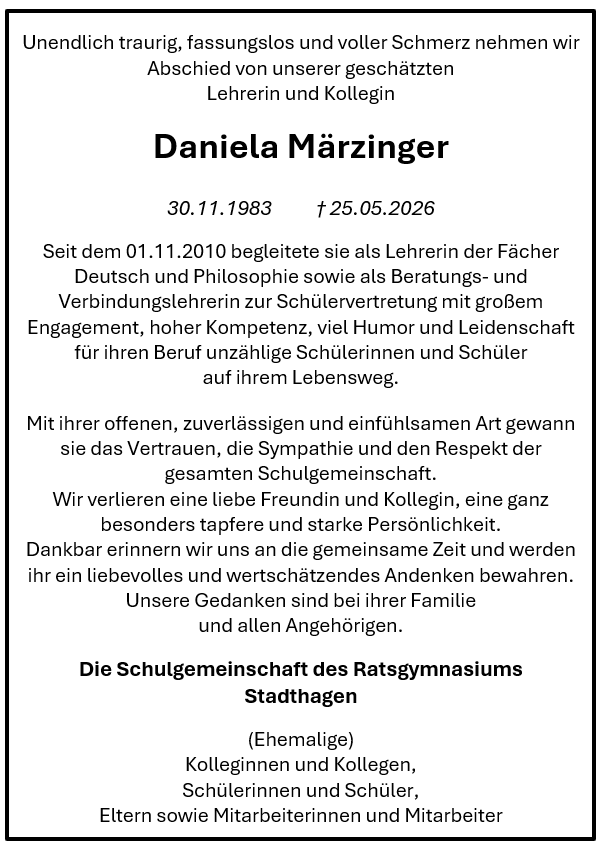 Traueranzeige Daniela Märzinger